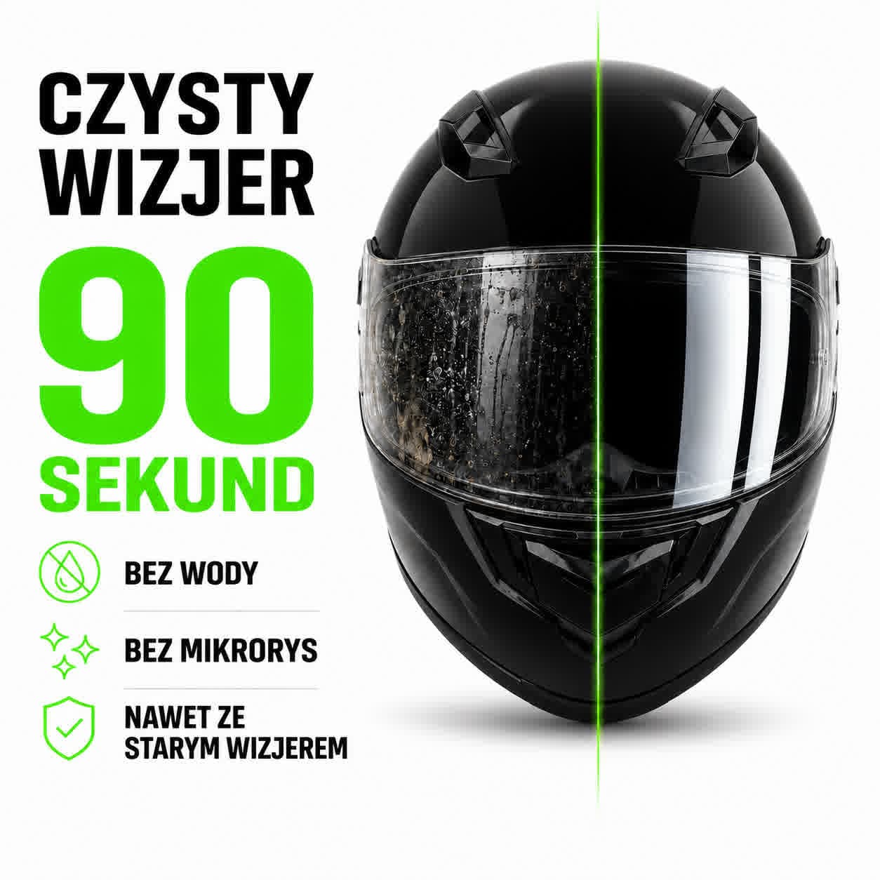 Kask z wizjerem w połowie brudnym, w połowie czystym - czysty wizjer w 90 sekund, bez wody, bez mikrorys